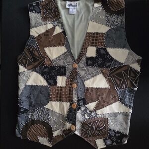 Effeci Vintage Patchwork Beaded Vest Womens Medium Brown Cotton Boho Batik Print